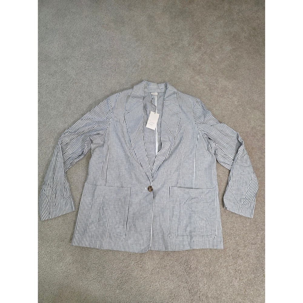 A New Day Womens XXL Blue White Striped Linen Blend Single Button Blazer NWT